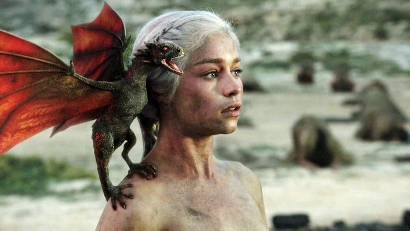 Daenerys emerges from Khal Drogo's funeral pyre with her dragons. Still from Game of Thrones season 1. HBO