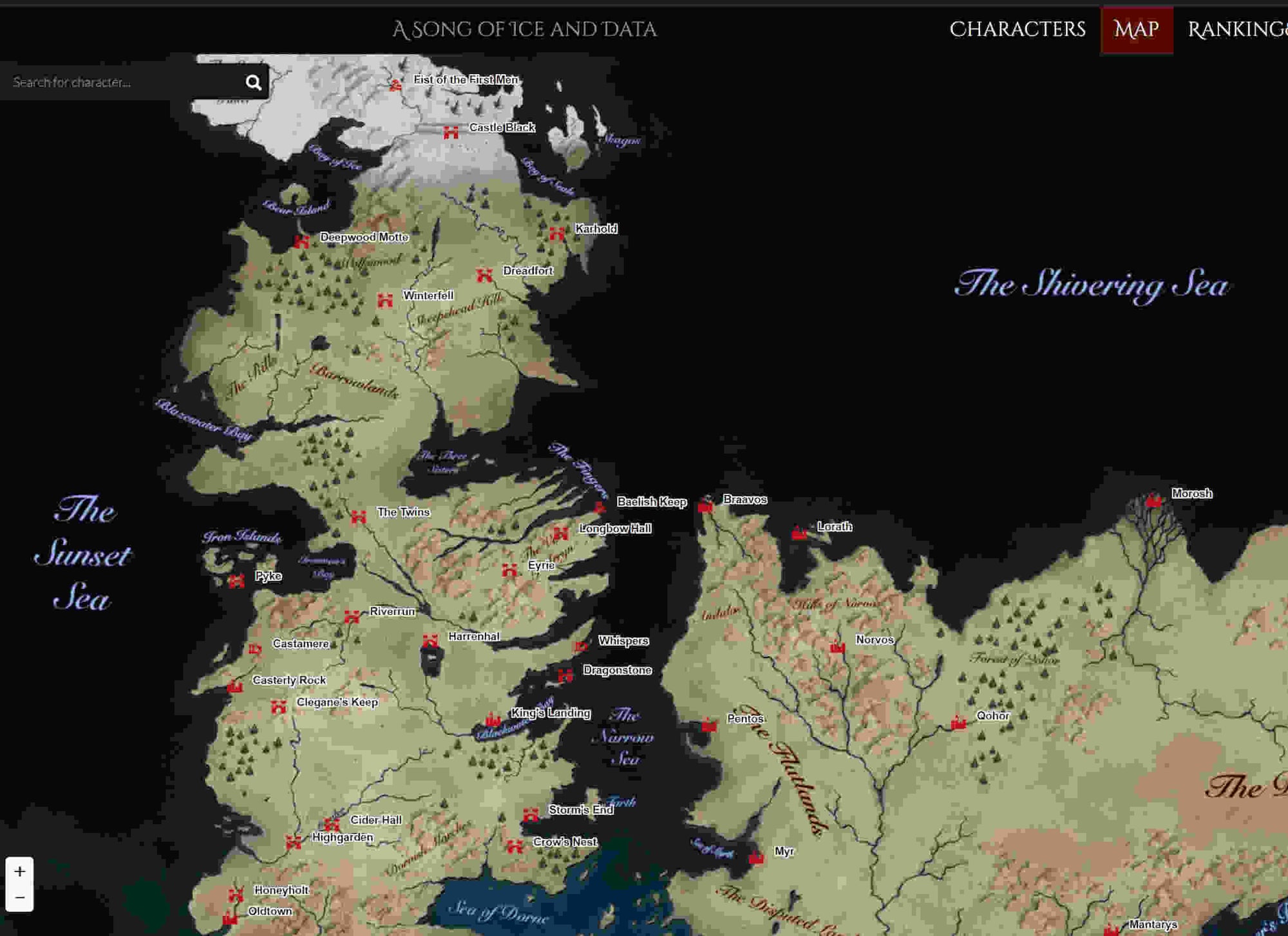 Screenshot der interaktiven Karte von Game of Thrones, die auf der got.show-Website gezeigt wird. Hier können Benutzer die Geografie der GoT-Welt erkunden und die Reisen der GoT-Charaktere verfolgen. - Bild: GoT-Team / TUM - frei fuer Berichterstattung ueber TU Muenchen