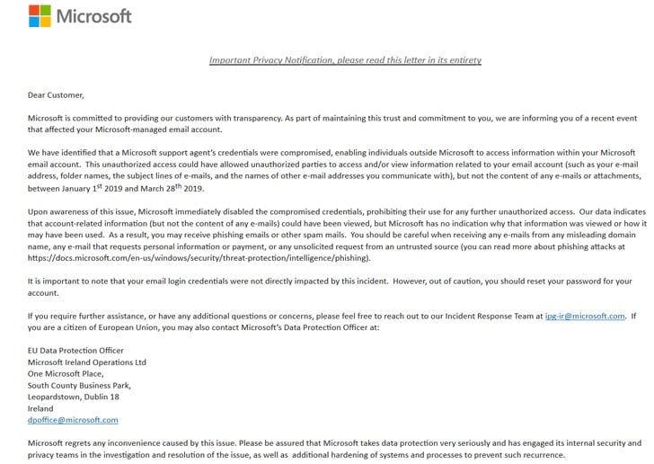 Screenshot of the email sent by Microsoft to affected users. Image: Reddit