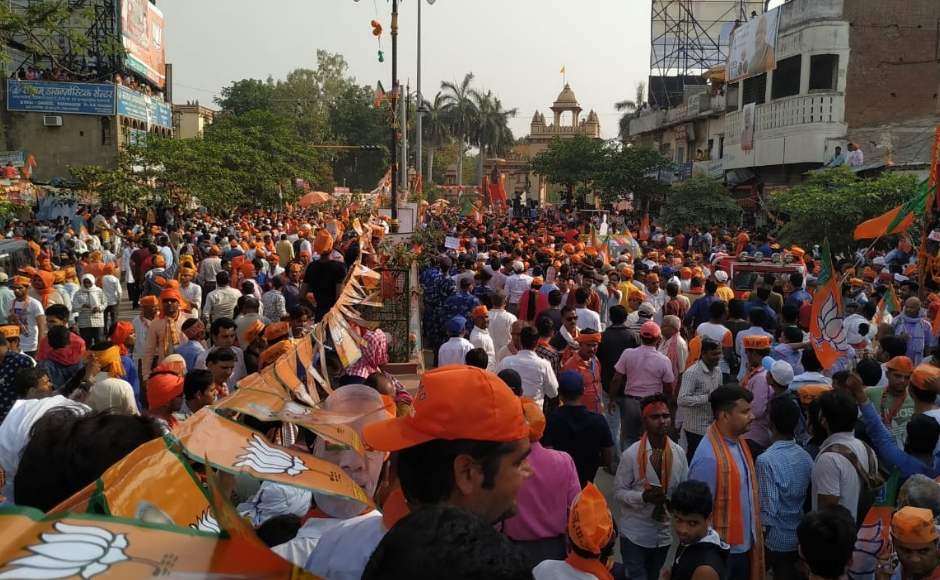 The six-kilometre-long roadshow passed through several parts of the city, including Lanka, Godhalio and Assi areas, amid cheering crowds, wearing saffron-coloured attires and showering rose petals. Twitter/@BJP4India The six-kilometre-long roadshow passed through several parts of the city, including Lanka, Godhalio and Assi areas, amid cheering crowds, wearing saffron-coloured attires and showering rose petals. Twitter/@BJP4India