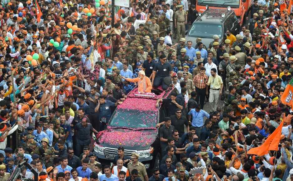 A day before filing his nomination for the Lok Sabha polls, Prime Minister Narendra Modi on Thursday held a mega roadshow in Varanasi, drawing massive crowds. The prime minister culminated the show of strength with Ganga aarti at the Dashashwamedh Ghat. PTI A day before filing his nomination for the Lok Sabha polls, Prime Minister Narendra Modi on Thursday held a mega roadshow in Varanasi, drawing massive crowds. The prime minister culminated the show of strength with Ganga aarti at the Dashashwamedh Ghat. PTI