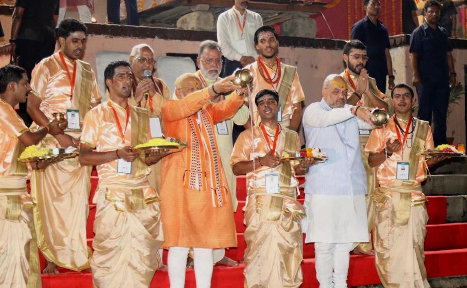 Later, Modi also performed a puja. Modi is on a two-day visit to his parliamentary constituency and is scheduled to file his nomination on Friday. Twitter/@BJP4India Later, Modi also performed a puja. Modi is on a two-day visit to his parliamentary constituency and is scheduled to file his nomination on Friday. Twitter/@BJP4India