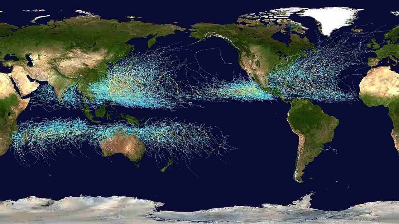 This map shows the tracks of all tropical cyclones which formed worldwide from 1985 to 2005. India’s east coast and Bangladesh are among the most active zones despite being much less so than the Atlantic and Pacific basins. Background image: NASA, Map: WPTC track map generator by Nilfanion, Data sources listed here