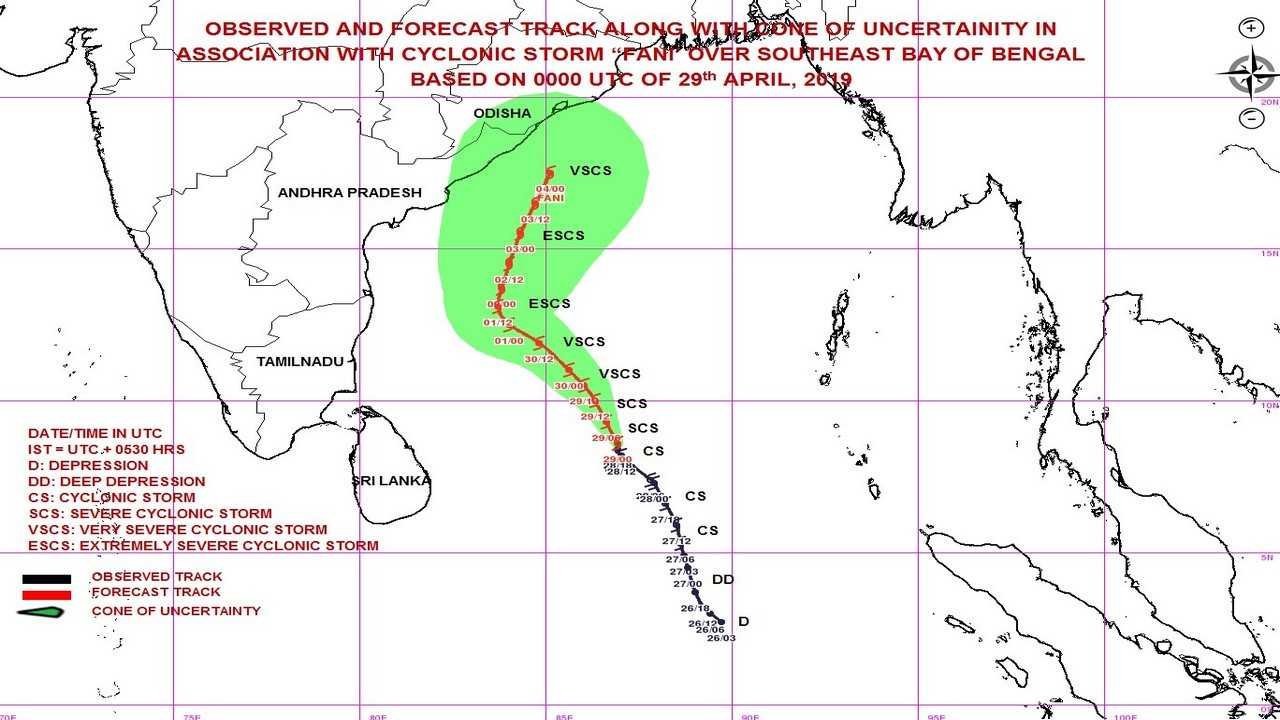 Observed (black) and projected (red) track for Cyclone Fani. The green cloud denotes the area of uncertainty in forecasting the cyclone trajectory. Credit: IMD