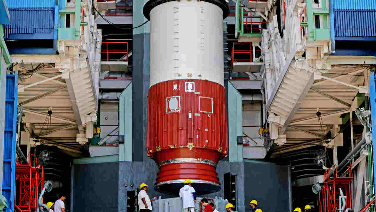 Hoisting of the Nozzle end segment of PSLV-C46 over the launch pedestal. Image credit: ISRO