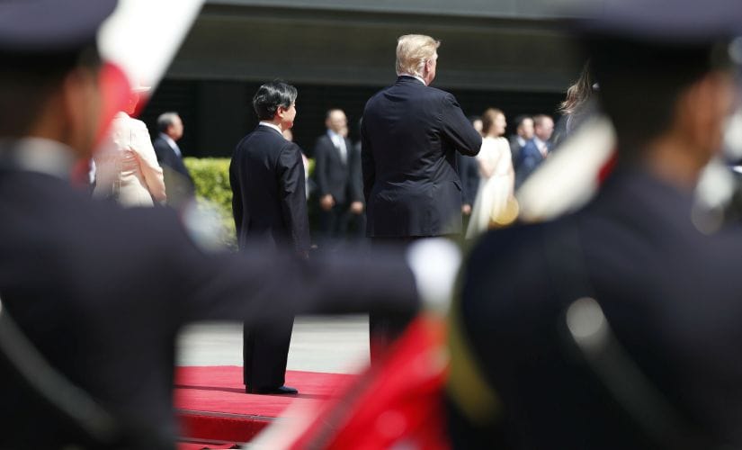 Trump attends a welcome ceremony with Emperor Naruhito at the Imperial Palace in Tokyo. AP