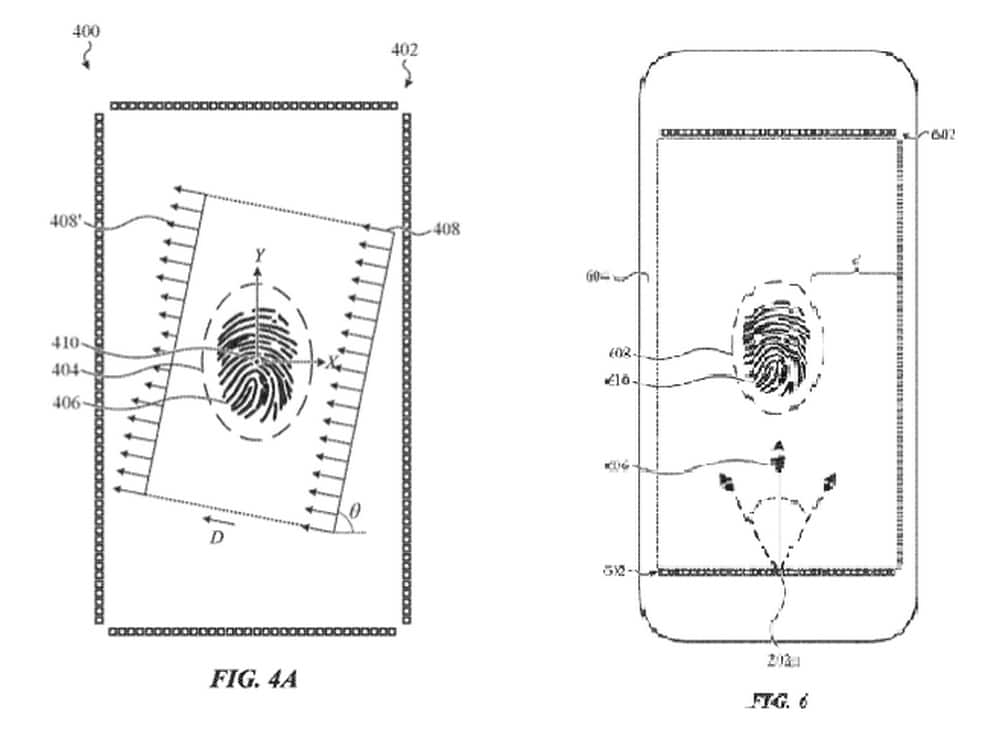DIagrams of Apple’s new in-display fingerprint scanner patent. Image: Apple (via the US PTO)