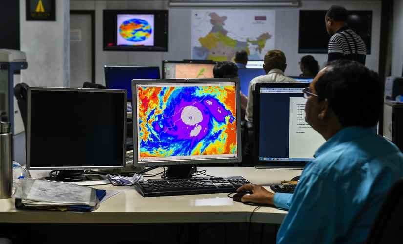 Officials monitor the progress of Cyclone 'Fani', at Mausam Bhavan in New Delhi. PTI