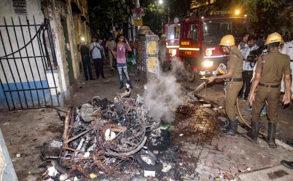 Vehicles were torched during the roadshow as situation soon spiralled into mass vandalism with both TMC and BJP accusing each other of sponsoring violence in the state. PTI Vehicles were torched during the roadshow as situation soon spiralled into mass vandalism with both TMC and BJP accusing each other of sponsoring violence in the state. PTI