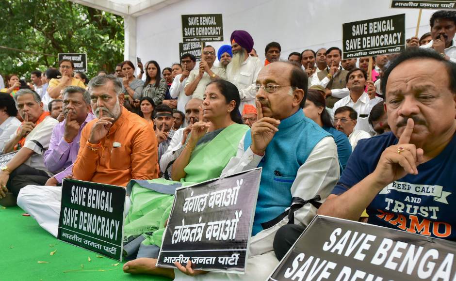 Later in the day, top BJP leaders and Union ministers held a silent protest against the TMC-sponsored poll violence in West Bengal. PTI Later in the day, top BJP leaders and Union ministers held a silent protest against the TMC-sponsored poll violence in West Bengal. PTI