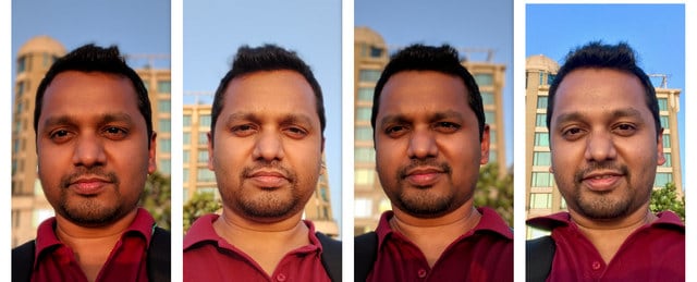 The Pixel 3 and 3a XL delivered the most realistic looking Portrait selfies. L to R: Pixel 3a XL, OP6T, Pixel 3, iPhone 7
