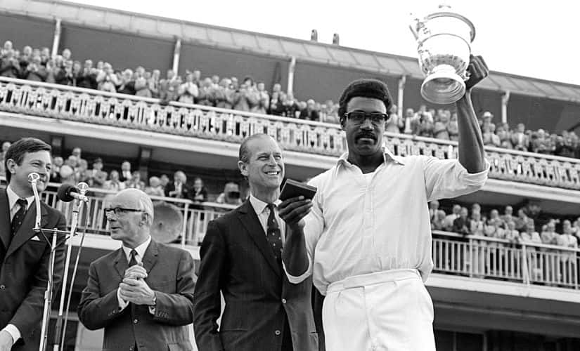 Clive Lloyd holding the World Cup trophy in 1975. Image courtesy: Twitter/ICC