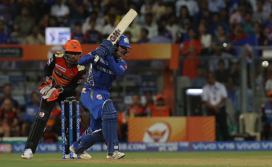 Quinton de Kock played the anchor innings for Mumbai Indians. The SRH bowlers bowled with a lot of discipline and kept on taking wickets from one end. De Kock scored an unbeaten 69 off 58 balls to take MI total to 162/5. Sportzpics Quinton de Kock played the anchor innings for Mumbai Indians. The SRH bowlers bowled with a lot of discipline and kept on taking wickets from one end. De Kock scored an unbeaten 69 off 58 balls to take MI total to 162/5. Sportzpics