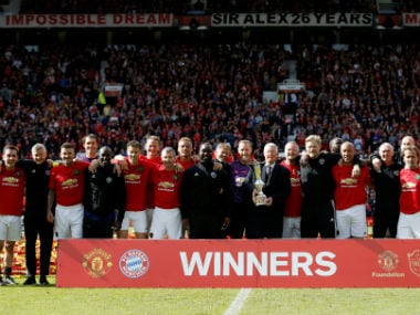 Manchester Uniteds Ole Gunnar Solskjaer scores against Bayern Munich once again in clubs 1999 treble winners reunion match