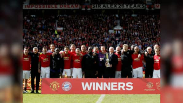 Manchester United's Ole Gunnar Solskjaer scores against Bayern Munich once again in club's 1999 treble winners' reunion match