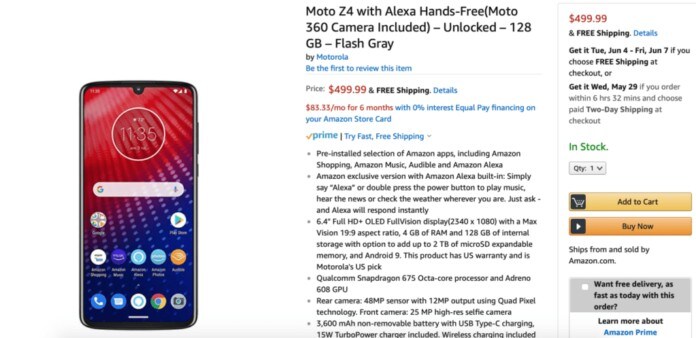 Amazon listing of Moto Z4.