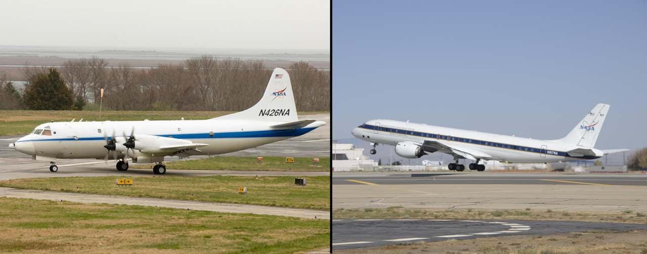 NASA's airborne science lab — the P-3B (left) and the DC-8 (right) — have been used extensively by the IceBridge mission. Image credit: NASA