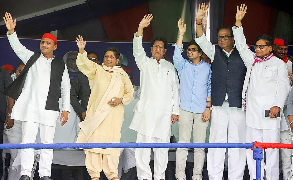 In Uttar Pradesh’s Azamgarh, a rally saw the attendance of the Opposition’s ‘mahagathbandhan’ alliance leaders SP’s Akhilesh Yadav, BSP’s Mayawati and RLD’s Ajit Singh. Mayawati said that the last five phases have seen a good performance by the alliance and their prospects will improve even further in the next two phases of the Lok Sabha polls. Singh demanded the ouster of a ‘government if liars’. Image courtesy: PTI In Uttar Pradesh’s Azamgarh, a rally saw the attendance of the Opposition’s ‘mahagathbandhan’ alliance leaders SP’s Akhilesh Yadav, BSP’s Mayawati and RLD’s Ajit Singh. Mayawati said that the last five phases have seen a good performance by the alliance and their prospects will improve even further in the next two phases of the Lok Sabha polls. Singh demanded the ouster of a ‘government if liars’. Image courtesy: PTI