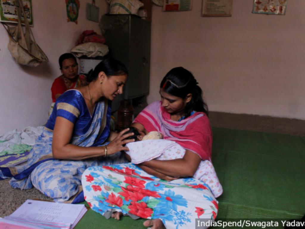Field officer Anita Pachapind helping Nisha Musale breastfeed her two-month-old boy, Swaraj. Image: Author Provided