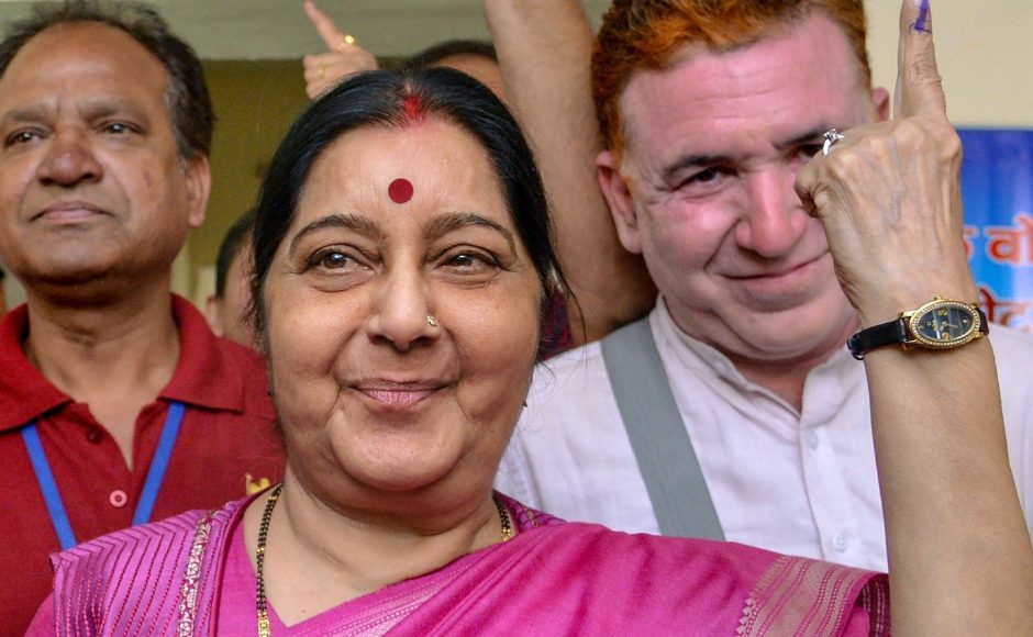 Senior BJP leader Sushma Swaraj cast her vote for the sixth phase of Lok Sabha elections at a polling station at Aurangzeb Lane in New Delhi. PTI Senior BJP leader Sushma Swaraj cast her vote for the sixth phase of Lok Sabha elections at a polling station at Aurangzeb Lane in New Delhi. PTI