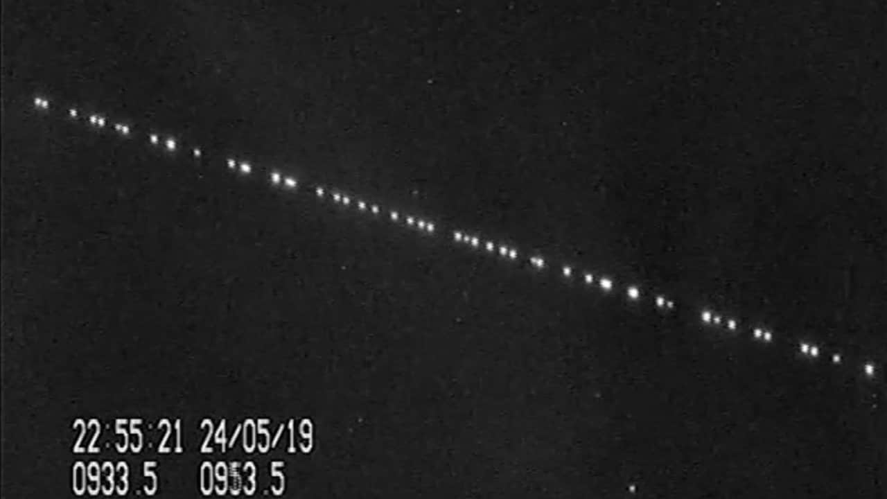 Train of Starlink satellites visible in the night sky seen in this video captured by satellite tracker Marco Langbroek in Leiden, the Netherlands on 24 May, a day after SpaceX launched 60 Starlink satellites on a Falcon 9 rocket. Image credit: Marco Langbroek via SatTrackBlog