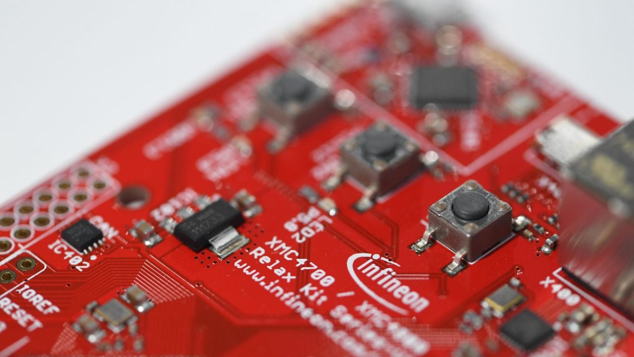 A close-up of the Infineon microcontroller kit XMC 4700 at an exhibition during the semiconductor manufacturer Infineon's annual shareholder meeting in Munich, Germany. Image: Reuters.