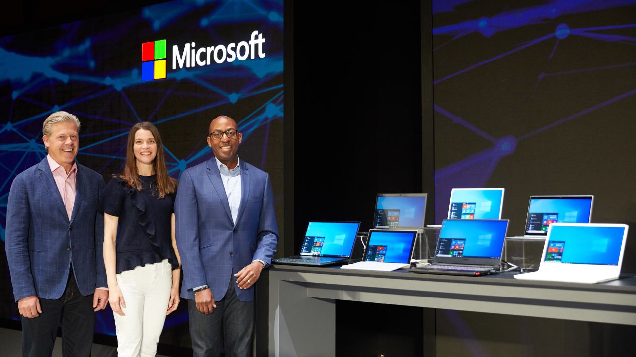 Left to right: Nick Parker, CVP of Consumer and Device Sales, Roanne Sones, CVP of OS Platforms, Rodney Clark, VP of IoT Sales, on stage at Computex 2019 in Taipei. Image: Microsoft.