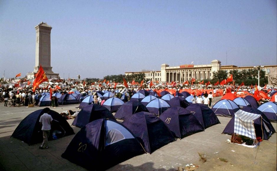 Pro-democracy demonstrators pitch tents in Beijing's Tiananmen Square in 1989. Today, as they try to remind people of their history, activists have been restrained and many spokespersons' locations are unknown. Many activists have decided to fast on the day, being the only thing that cannot be restricted, as commemoration of the incident. Reuters/Bobby Yip. Pro-democracy demonstrators pitch tents in Beijing's Tiananmen Square in 1989. Today, as they try to remind people of their history, activists have been restrained and many spokespersons' locations are unknown. Many activists have decided to fast on the day, being the only thing that cannot be restricted, as commemoration of the incident. Reuters/Bobby Yip.
