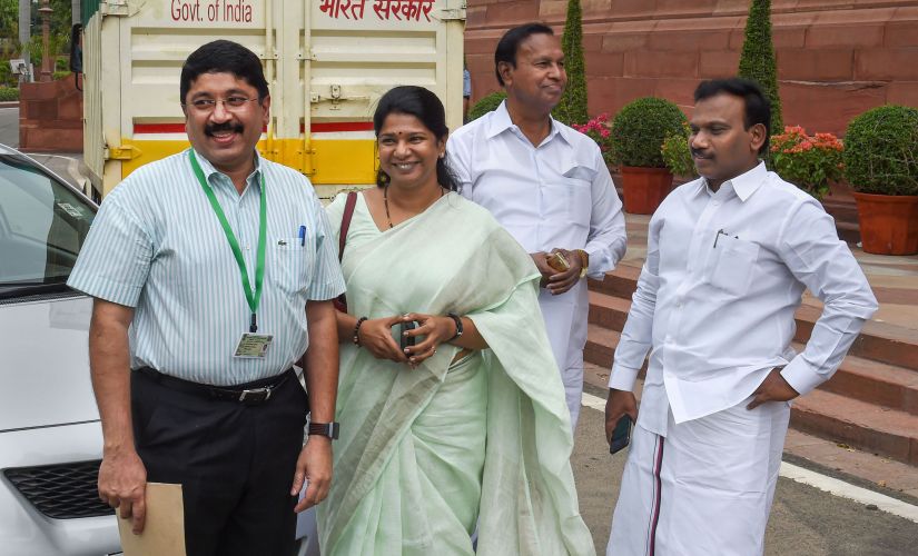 DMK's newly-elected MPs Dayanidhi Maran, A Raja and Kanimozhi arrive for the first session of the 17th Lok Sabha at Parliament House in New Delhi. PTI