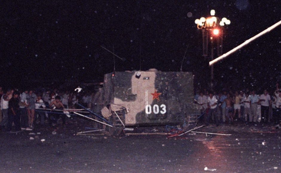 An armored military vehicle crushes one of the tents set up on Tiananmen Square by pro-democracy protesters. Today, protesters maintain a decided silence, not telling their children about their role in the protests. They worry about how it might influence their children and acknowledge that any remembrance of the protests is dangerous in modern-day China. Reuters/Stringer. An armored military vehicle crushes one of the tents set up on Tiananmen Square by pro-democracy protesters. Today, protesters maintain a decided silence, not telling their children about their role in the protests. They worry about how it might influence their children and acknowledge that any remembrance of the protests is dangerous in modern-day China. Reuters/Stringer.
