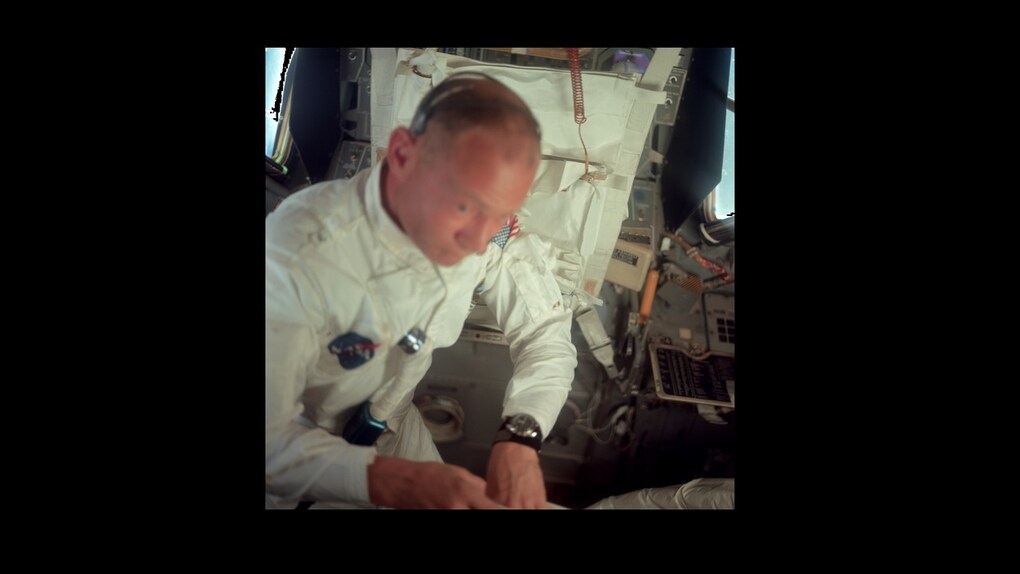 Astronaut Buzz Aldrin inside the lunar module. Source: ALSJ/NASA