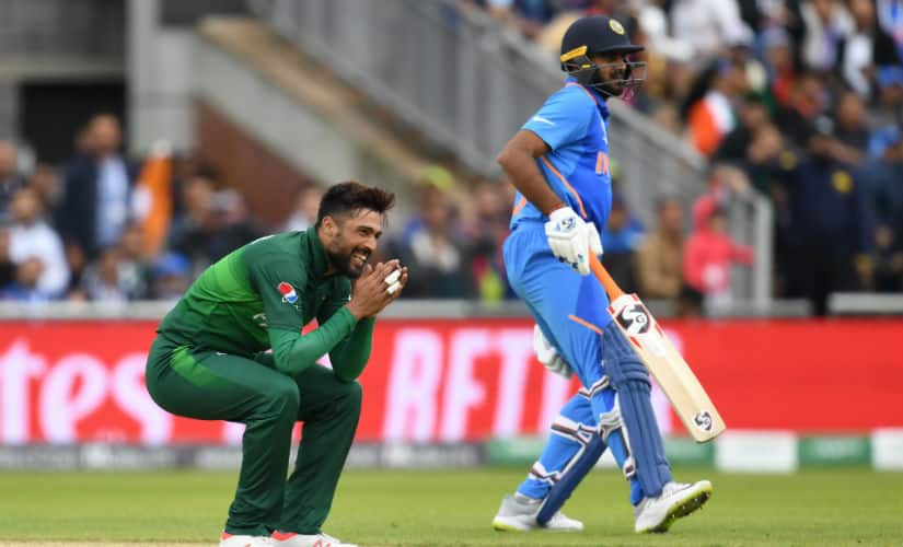 Pakistan’s Mohammad Amir reacts after a delivery during the 2019 Cricket World Cup group stage match between India and Pakistan at Old Trafford. AFP