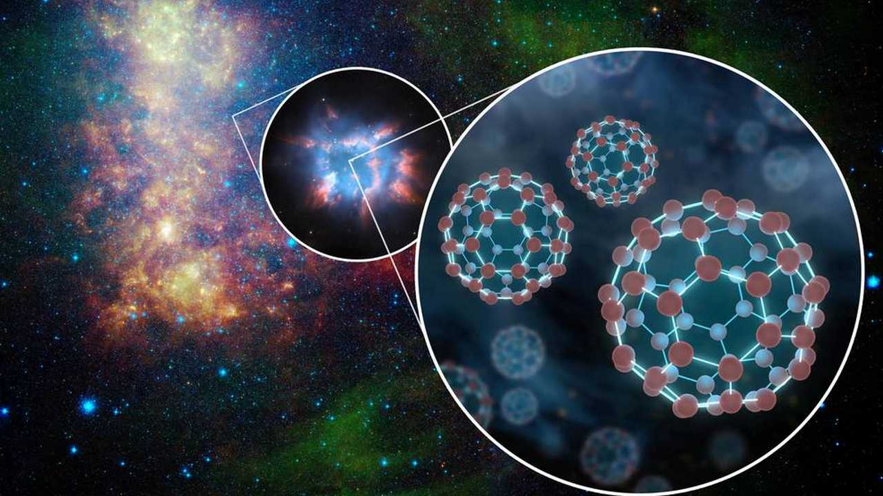 This is an artist's concept depicting the presence of buckyballs in space. Buckyballs, which consist of 60 carbon atoms arranged like soccer balls, have been detected in space before by scientists using NASA's Spitzer Space Telescope. The new result is the first time an electrically charged (ionized) version has been found in the interstellar medium. Credits: NASA/JPL-Caltech