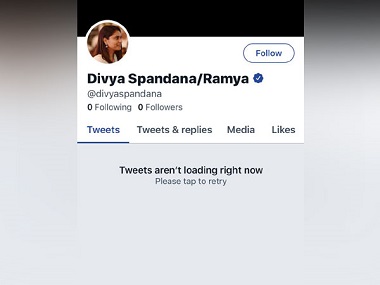Divya Spandana's Twitter, Instagram accounts appear deleted; Congress social media in-charge says she has not left party Divya Spandana's Twitter, Instagram accounts appear deleted; Congress social media in-charge says she has not left party