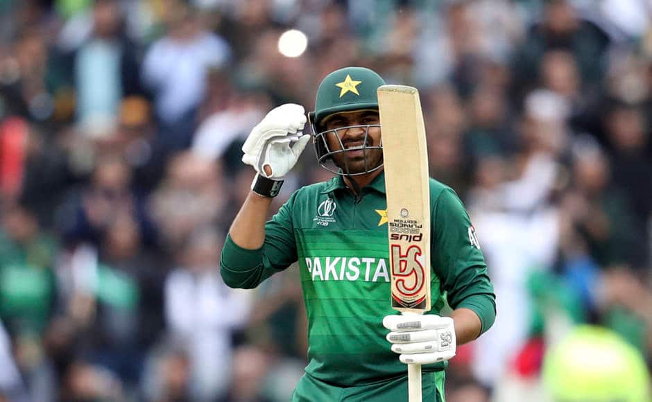 Pakistan’s Haris Sohail raises the bat to celebrate his fifty. He played a knock of 68 before being run-out by Martin Guptill. 