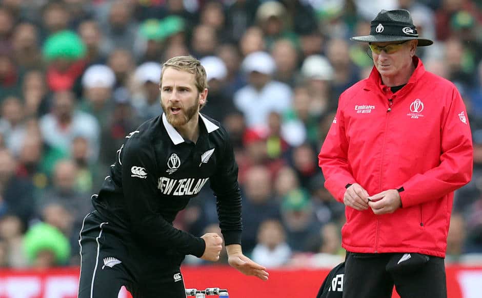 New Zealand skipper Kane Williamson in action during Pakistan’s run-chase. Having bowled eight overs, he registered figures of 1-39, picking up the wicket of Mohammad Hafeez. AP 