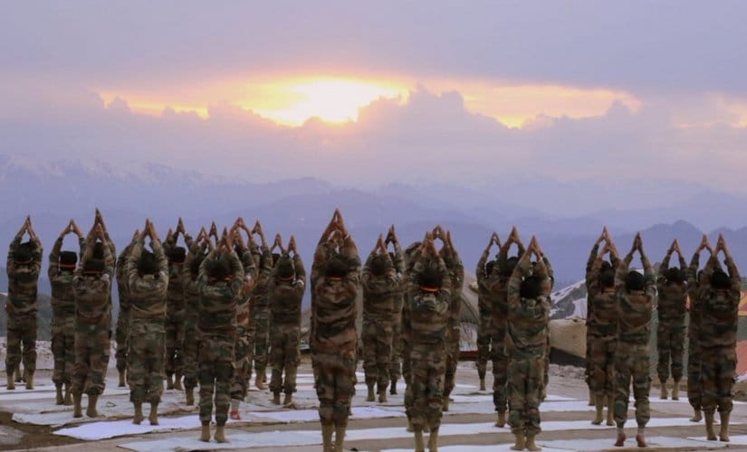 Soldiers practise meditation and yoga on operational areas on Line of Control. Twitter @adgpi