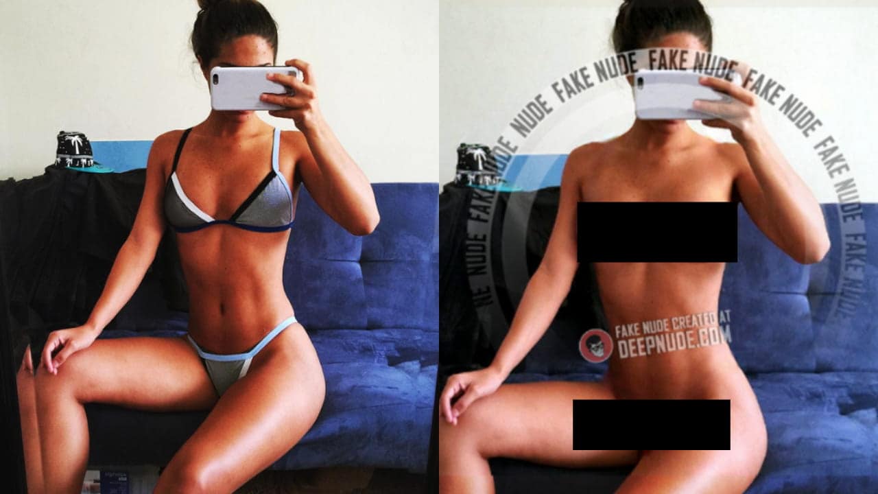 (Left) Image of a random model of deepnude.com; (right) results after using the deepnude website. Do note: You can go from the left image to right in barely 15 seconds. 