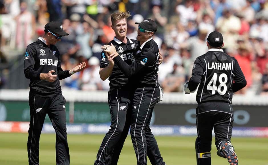 James Neesham celebrates the dismissal of Australia’s Glenn Maxwell. Neesham finished with figures of 2-28 from six overs. AP