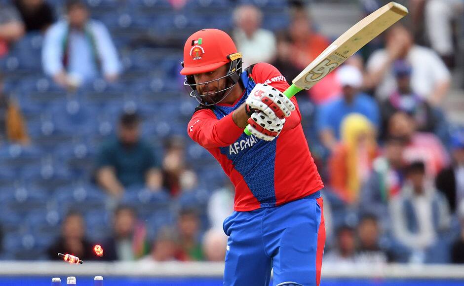 Afghanistan’s Noor Ali Zadran is clean bowled as the bails are seen flying away. Jofra Archer removed the 30-year-old for a duck in the second over of the run-chase. AFP 