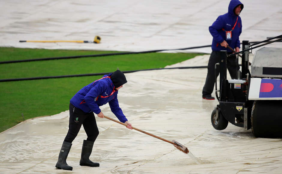 Groundsman had a tough day in the field. It has been raining in Bristol since past few days and Tuesday was no different. Despite the pitch and peripheries being covered, the groundsmen had to soak the water collected on top of the cover. Reuters Groundsman had a tough day in the field. It has been raining in Bristol since past few days and Tuesday was no different. Despite the pitch and peripheries being covered, the groundsmen had to soak the water collected on top of the cover. Reuters