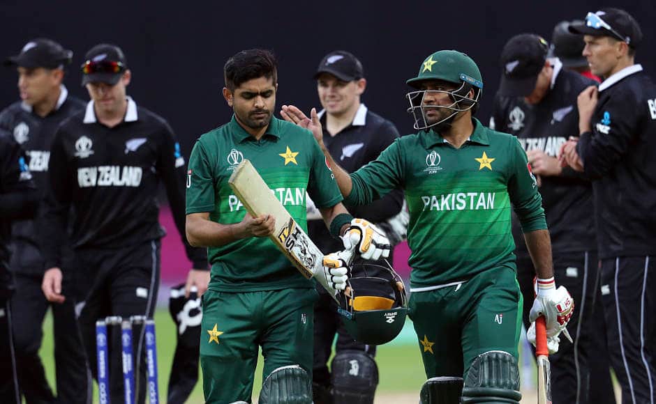 Babar Azam (Left) and Sarfaraz Ahmed (Right) walk back to the pavilion after Pakistan’s six wicket win over the Kiwis. This was their first loss, and Pakistan denied New Zealand an easy entry to the semi-finals. AP 