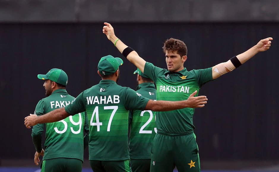 Pakistan’s Shaheen Afridi celebrates after dismissing Colin Munro for 12. Shaheen finished with impressive figures of 3/28 from 10 overs. AP 