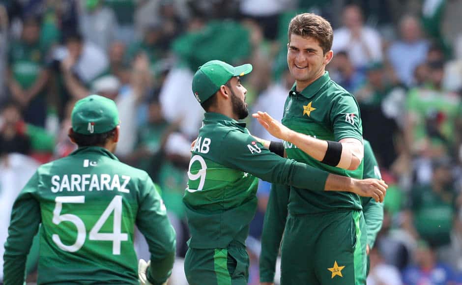 Pakistan’s Shaheen Afridi celebrates the dismissal of Najibullah Zadran. Shaheen picked up four wickets as Afghanistan were restricted to 227-9. AP