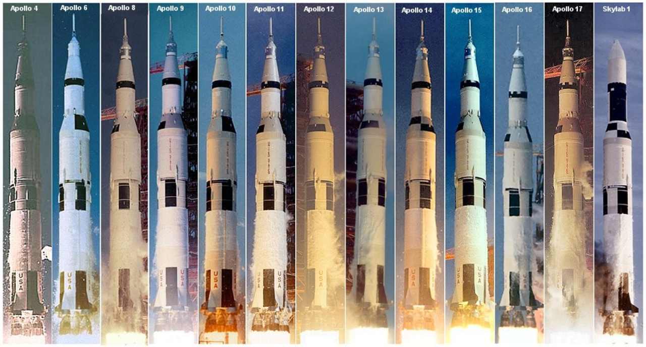This is a picture of all Saturn V launches, created by user Reubenbarton using Paint Shop Pro. Individual launch images were taking from the NASA Image eXchange resource (NIX). Image: Wikimedia Commons