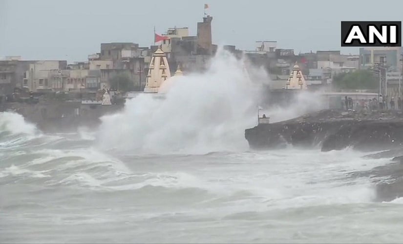 The cyclone is expected to hit the Gujarat coast on Thursday morning, but several parts along the Maharashtra and Goa coast have been witnessing strong winds and rains. Seen here are waves crashing against the Porbandar Chowpatty. ANI The cyclone is expected to hit the Gujarat coast on Thursday morning, but several parts along the Maharashtra and Goa coast have been witnessing strong winds and rains. Seen here are waves crashing against the Porbandar Chowpatty. ANI
