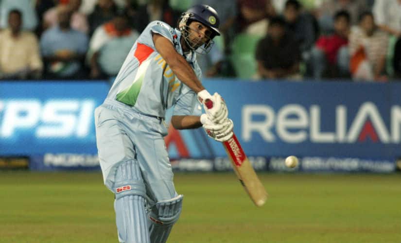 Yuvraj Singh hits one of his six consecutive sixes against England. Image: Reuters