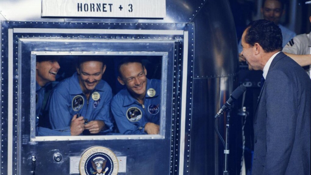 Then President Richard Nixon looks receives the returning trio - Buzz Aldrin, Neil Armstrong and Michael Collins. Source: ALSJ/NASA