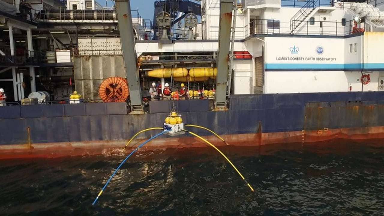 An electromagnetic receiver used in the study being deployed off the research vessel Marcus Langseth. Image credit: Kerry Key