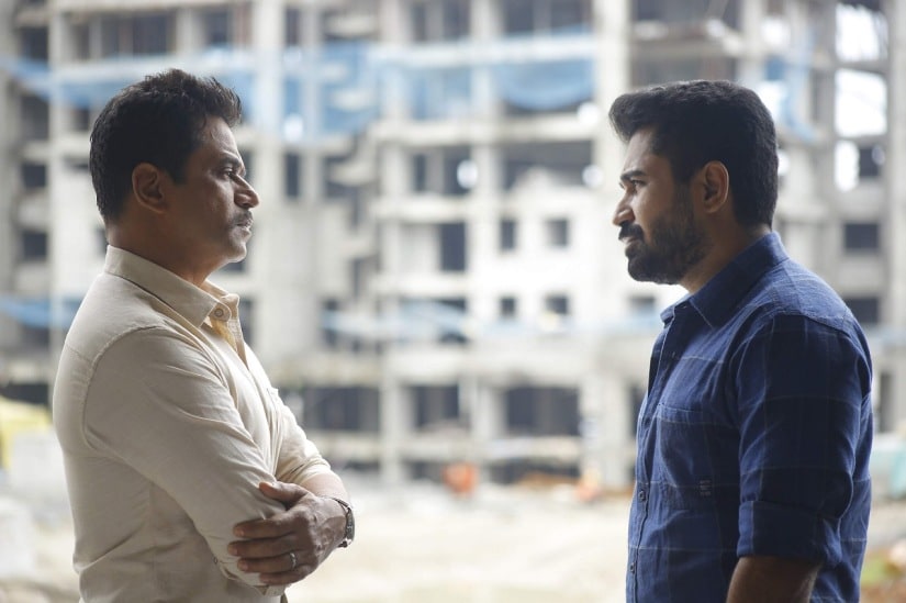 Arjun Sarja and Vijay Antony lock horns in Kolaigaran. Image via Twitter
